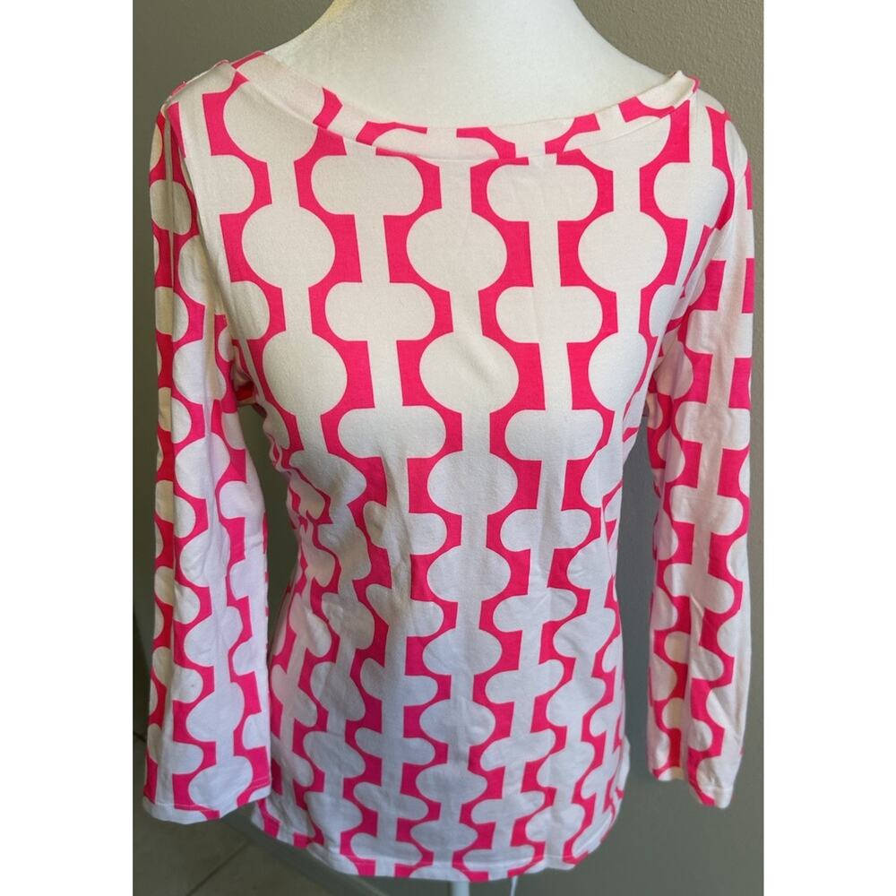 Gretchen Scott Women’s Tunic Shirt Neon Pink Geometric Boat Neck 3/4 Sleeve Med